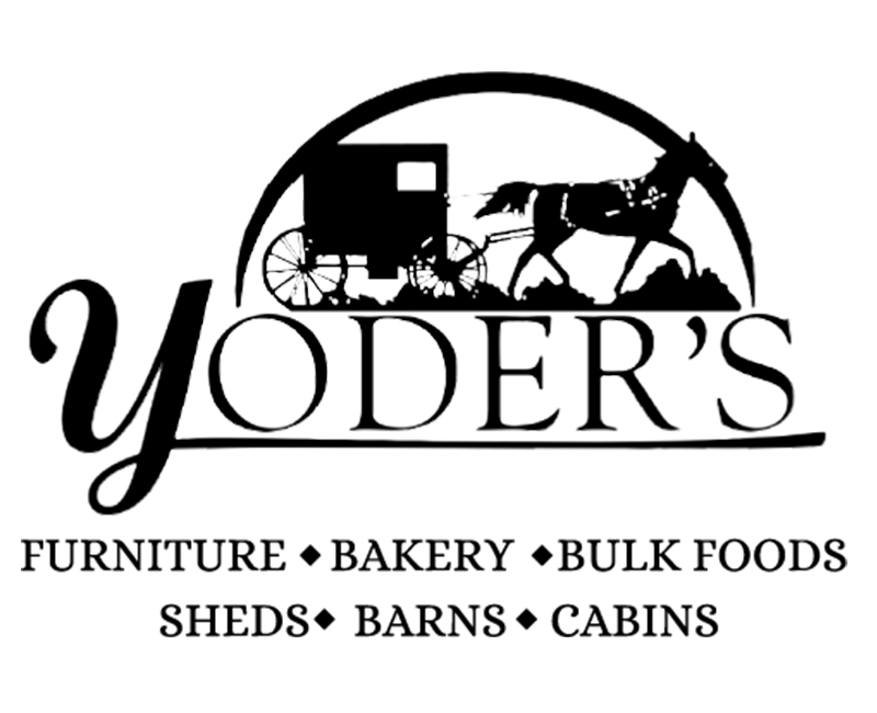 Black and white logo for Yoder's furniture, bakery, bulk foods, sheds, barns, and cabins
